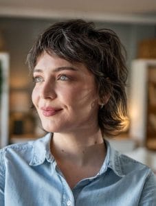 A profile-angle medium shot captures a smiling woman with fair skin, light blue eyes