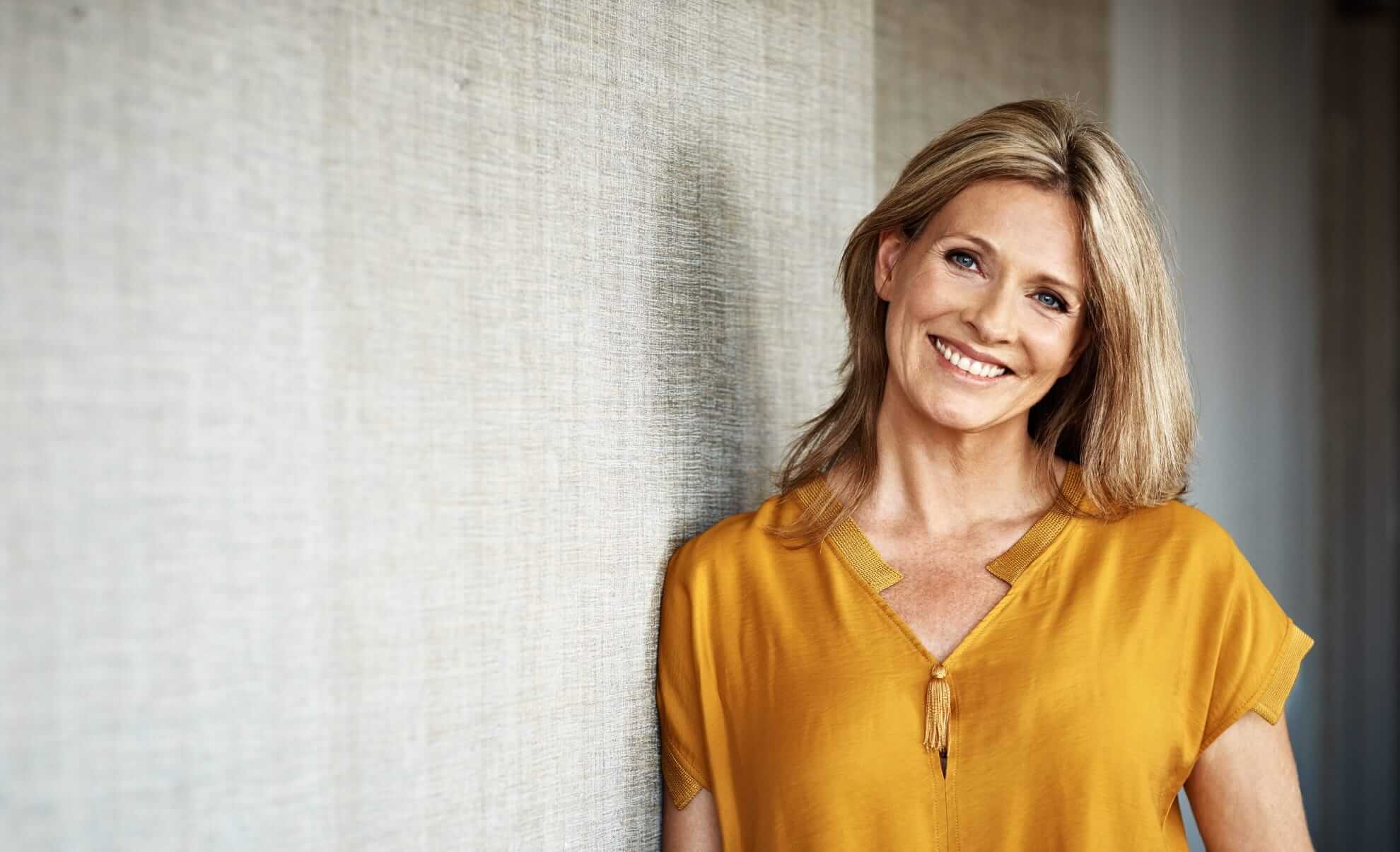 smiley woman with blue eyes