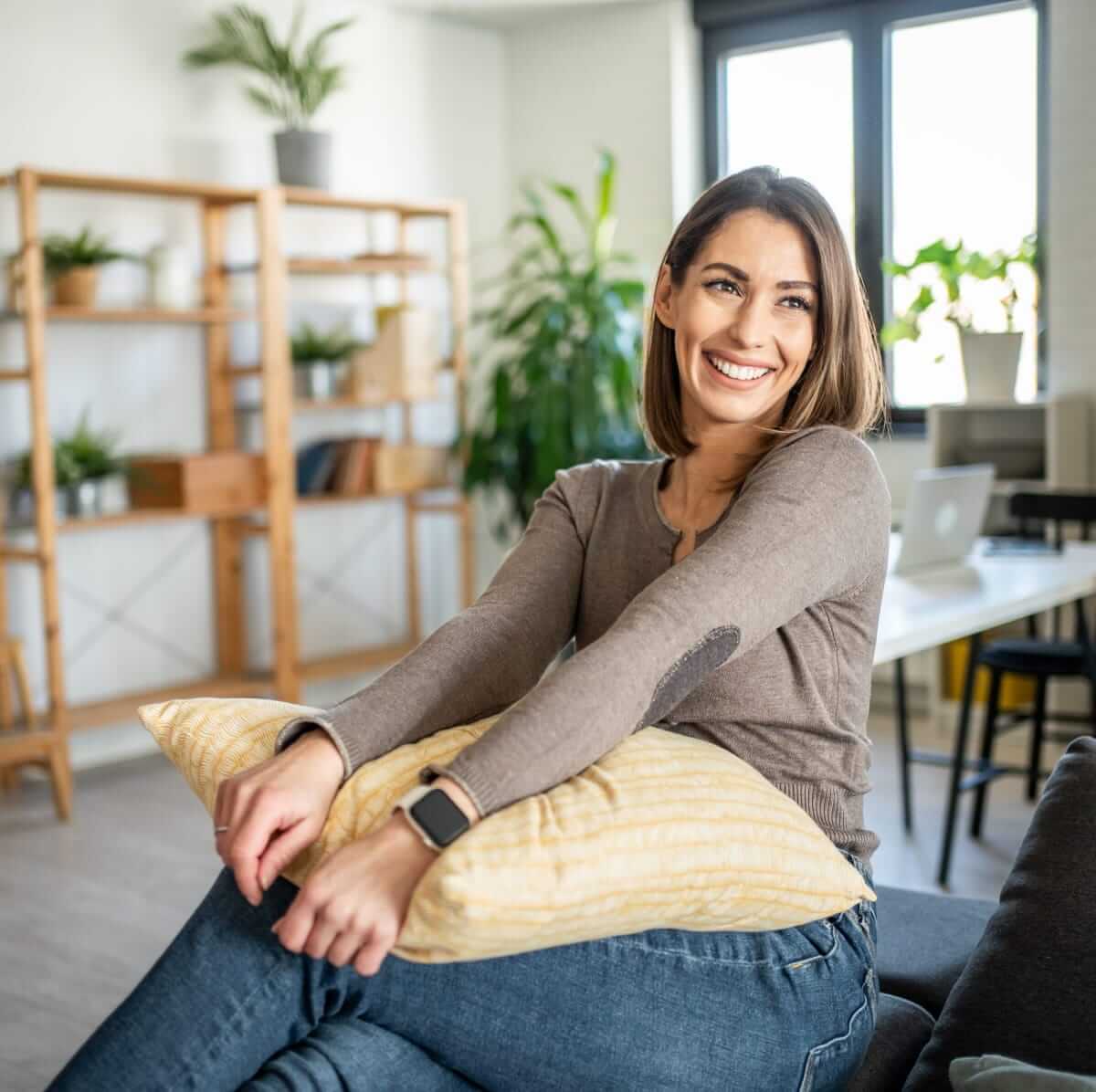 Woman at peace in her living room